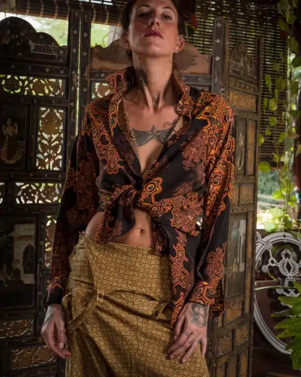 Long Sleeve Backsplit Shirt Woman / Chinese Silk - Yellow DEMETRIO - Image 3
