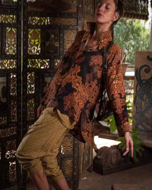 Long Sleeve Backsplit Shirt Woman / Chinese Silk - Yellow DEMETRIO - Image 6