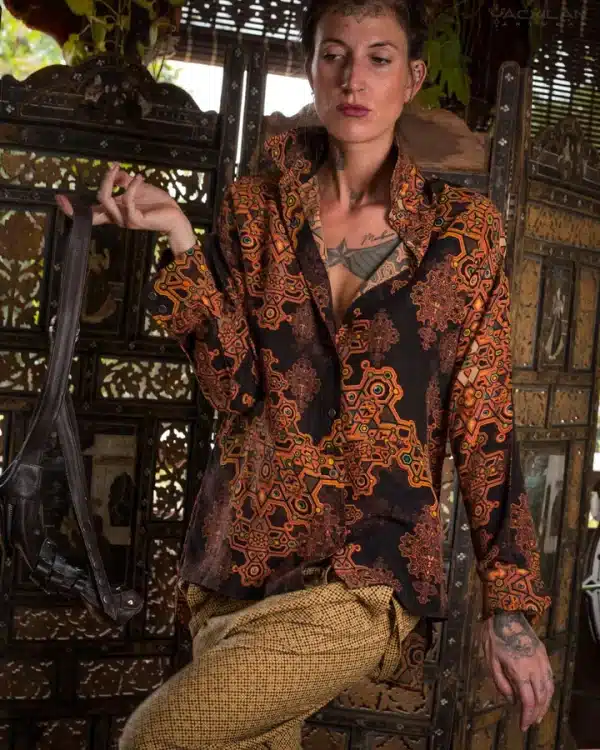 Long Sleeve Backsplit Shirt Woman / Chinese Silk - Yellow DEMETRIO